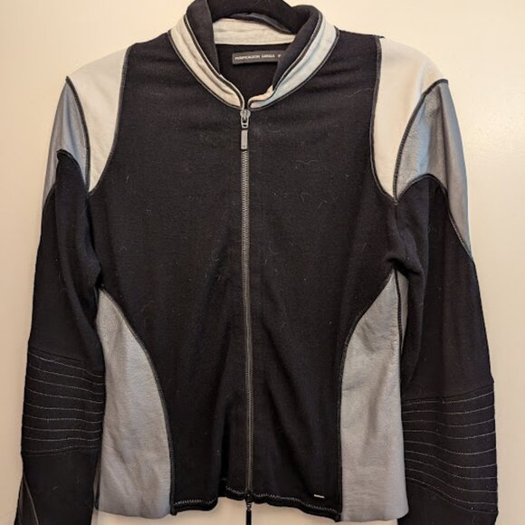 Womens Medium Jacket Grey & White leather and knit - Picture 1 of 6
